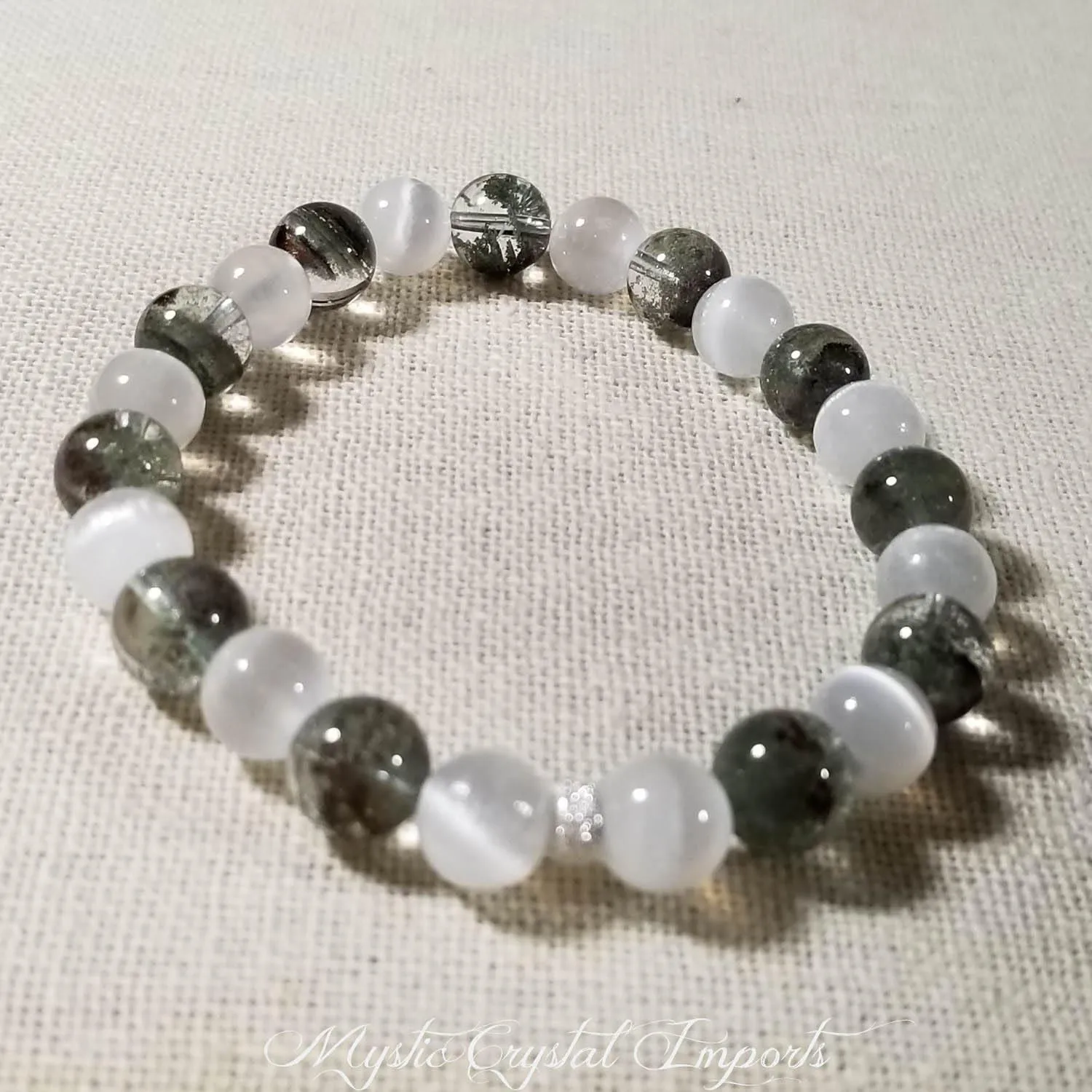 8mm Green Lodolite & Selenite Purifying Gemstone Healing Bracelet