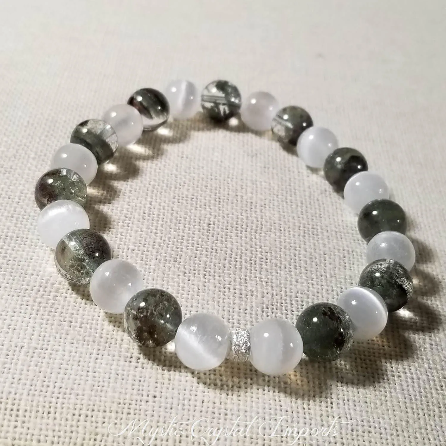 8mm Green Lodolite & Selenite Purifying Gemstone Healing Bracelet