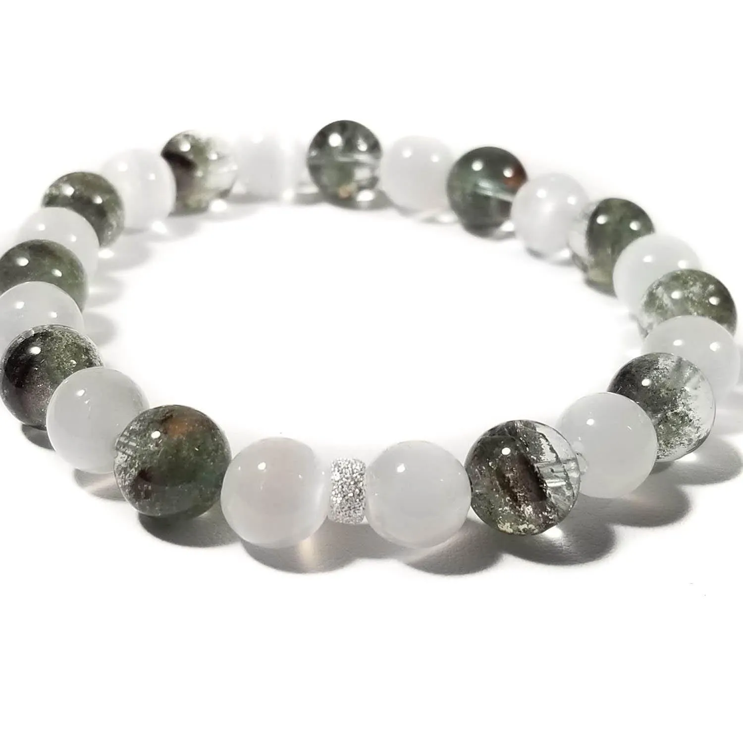 8mm Green Lodolite & Selenite Purifying Gemstone Healing Bracelet