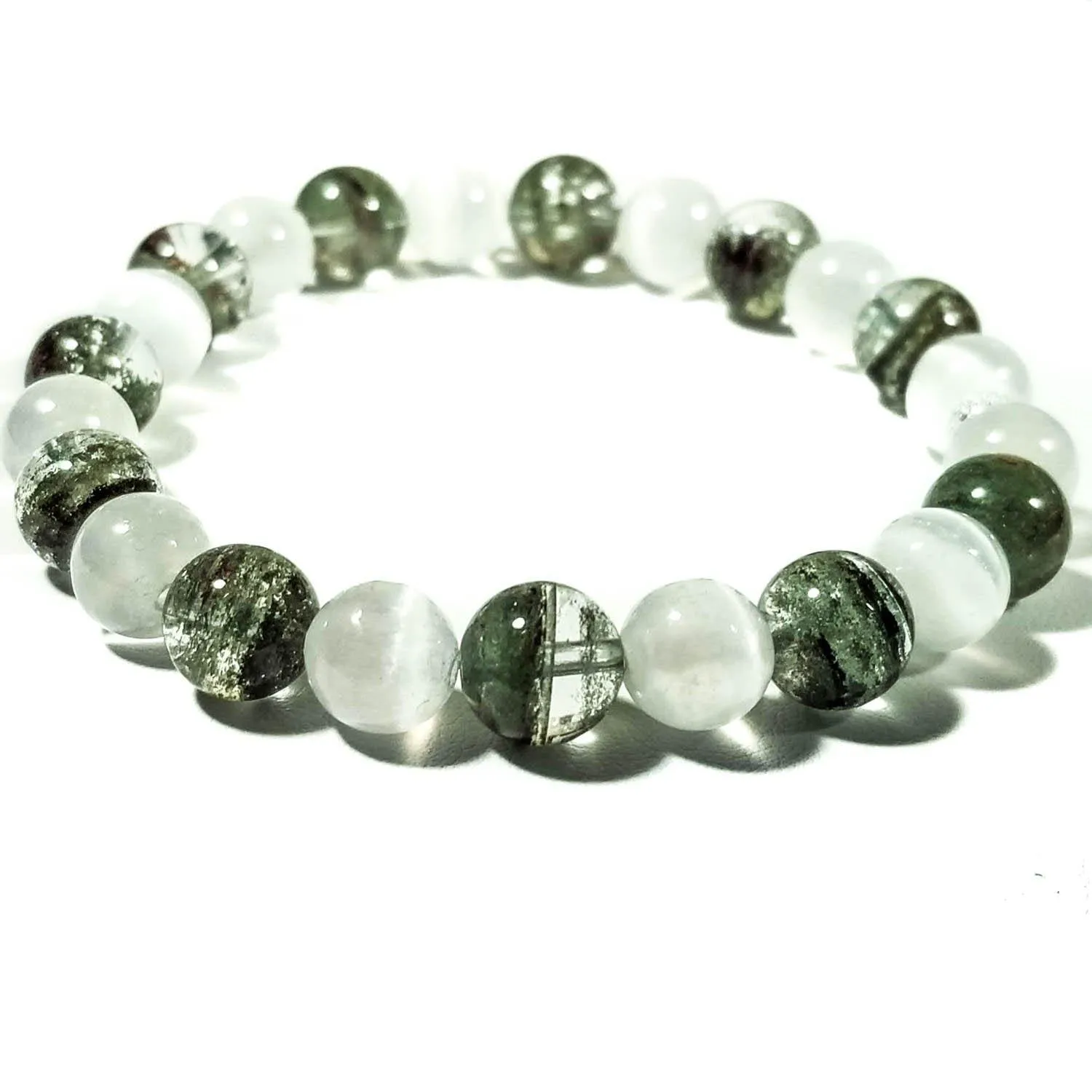8mm Green Lodolite & Selenite Purifying Gemstone Healing Bracelet