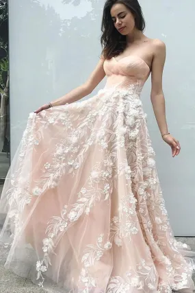 Elegant Sweetheart Blush Pink Tulle Long Prom Dresses with Appliques MP264