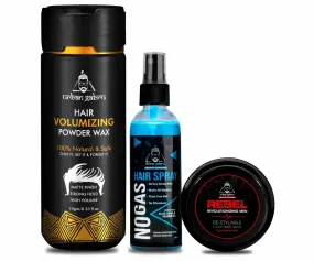 Urbangabru Hair Volumizing Powder wax (10 Gram)   Rebel Hair Wax (85 Gram)   No Gas Hair Spray (100 ML) - Men's Grooming Combo Kit